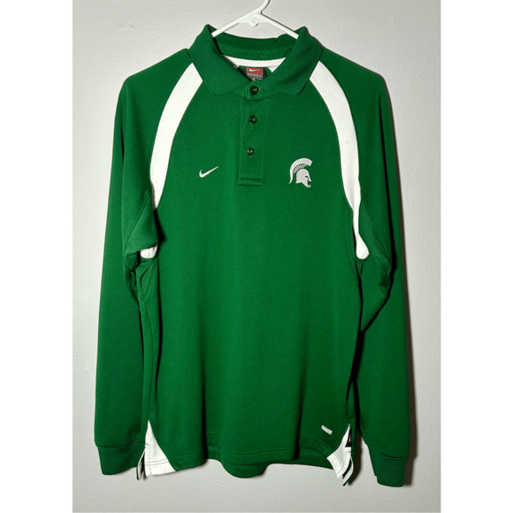 Michigan State Spartans Nike Team Dri-fit Green Long Sleeve Polo  Shirt Sz Small - Picture 1 of 9